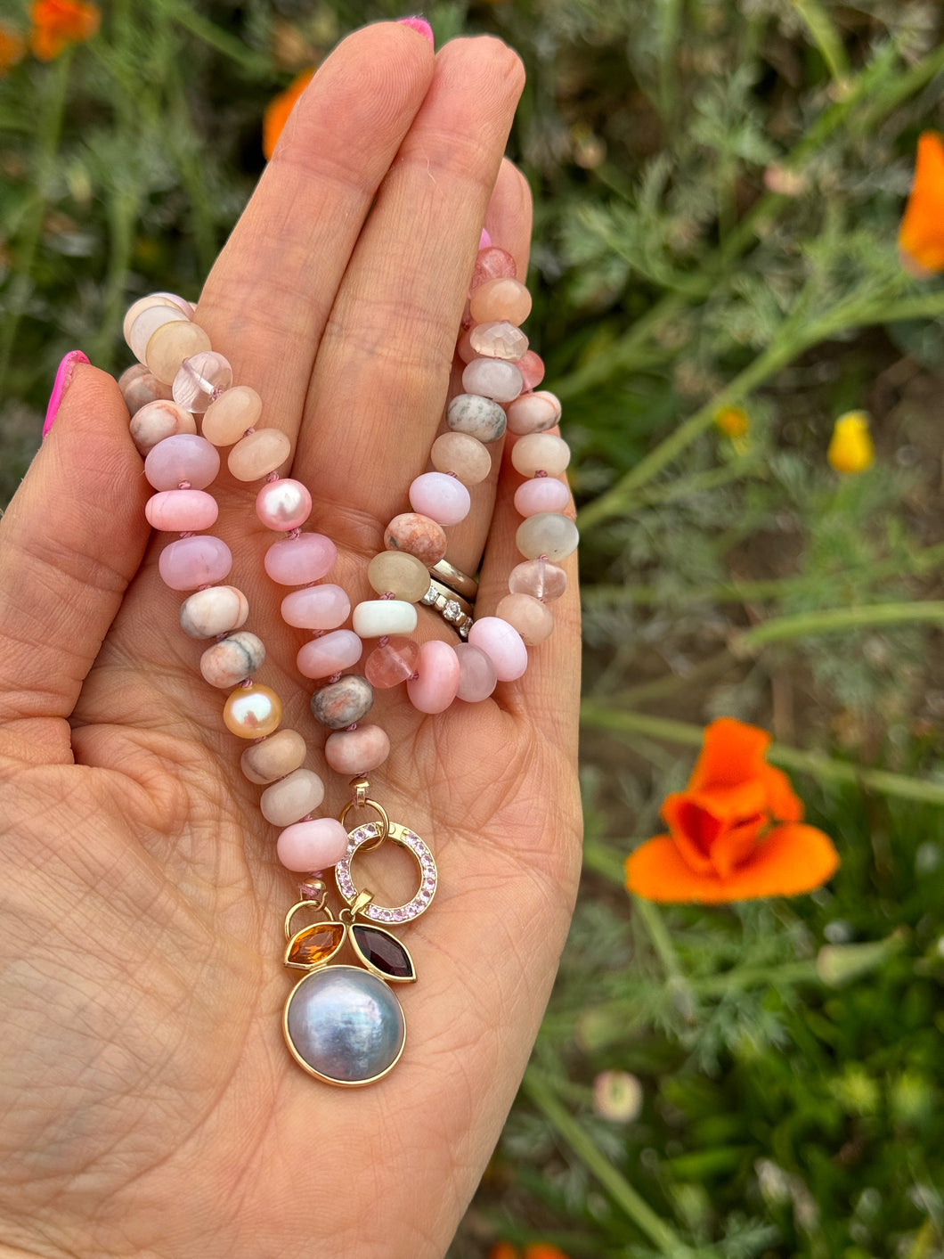 Peach poppy gemstone necklace