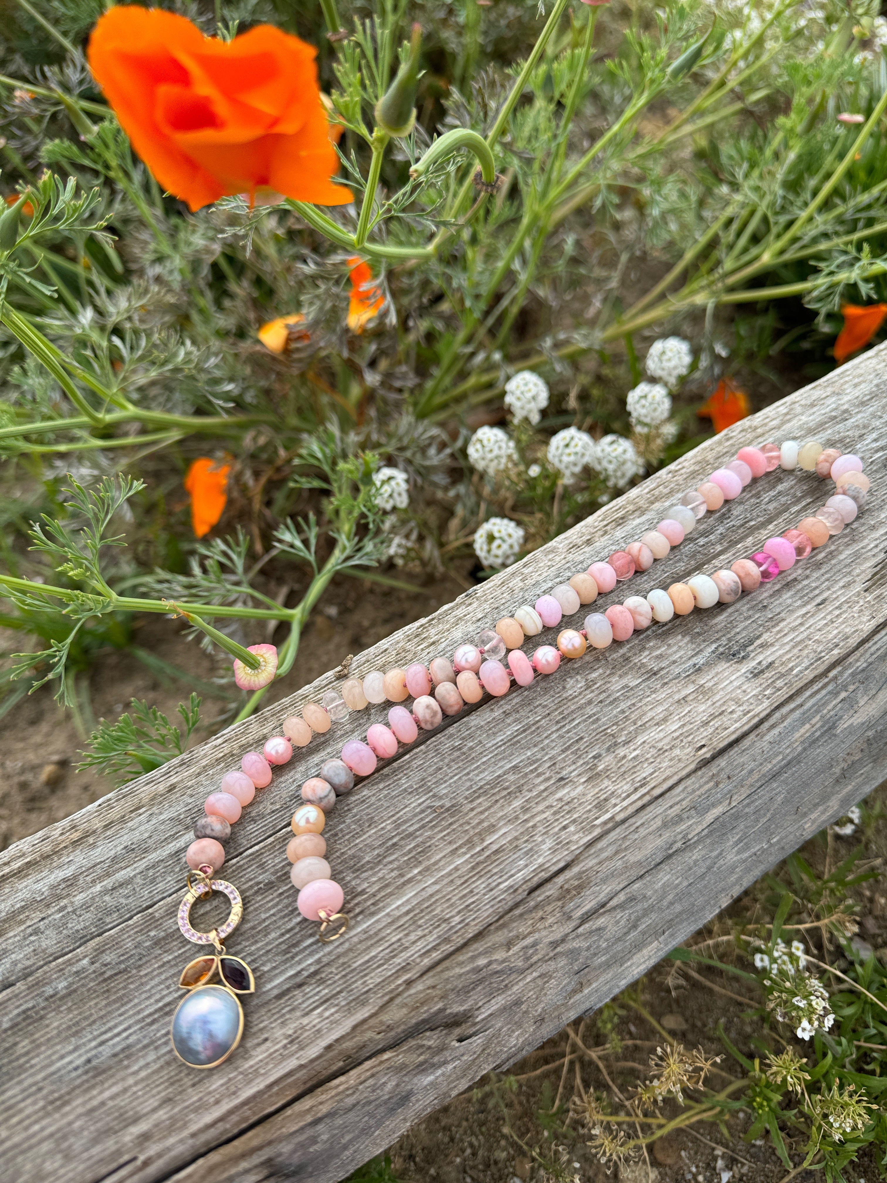 Peach poppy gemstone necklace