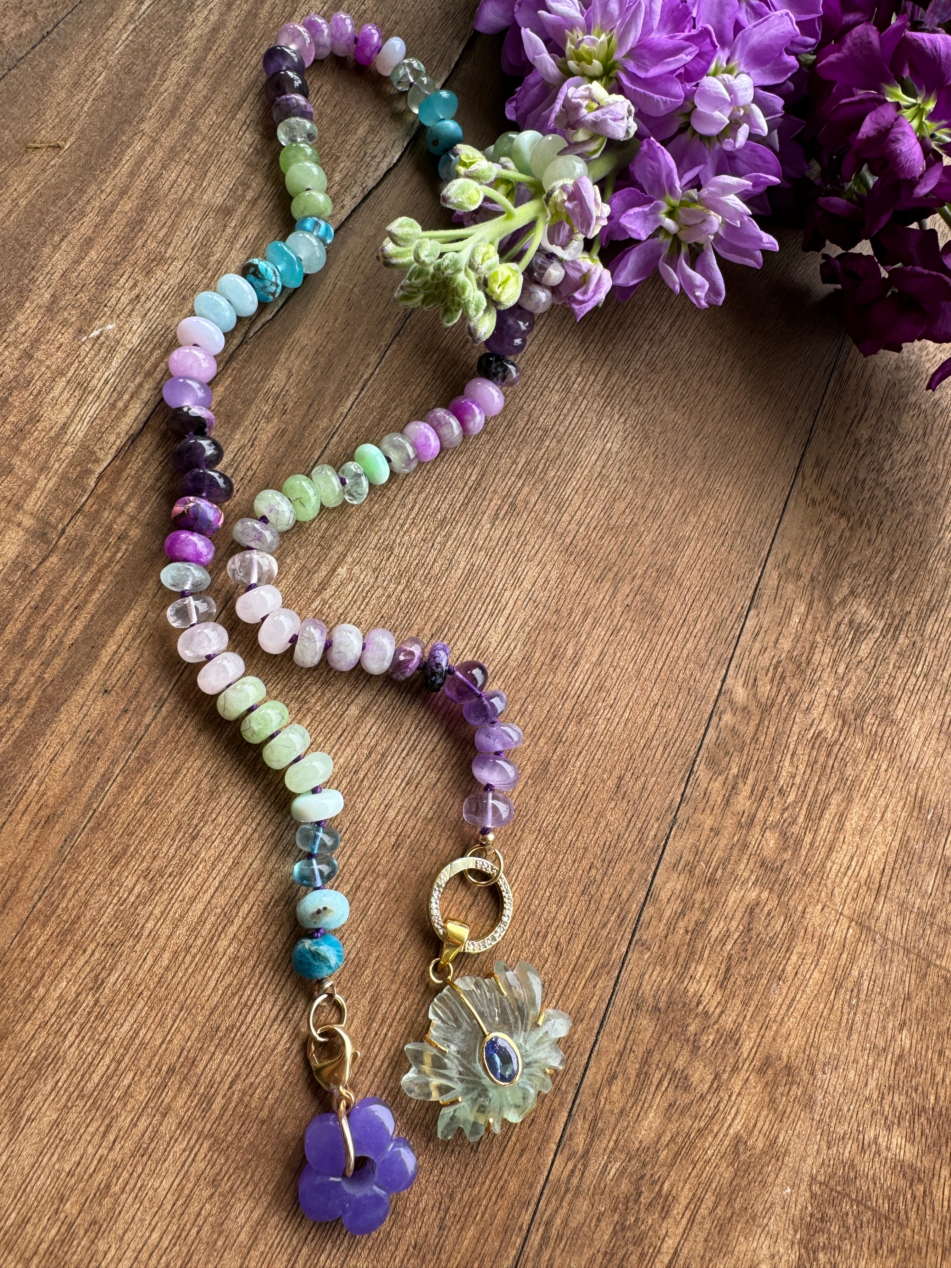 Lilac water lily gemstone necklace