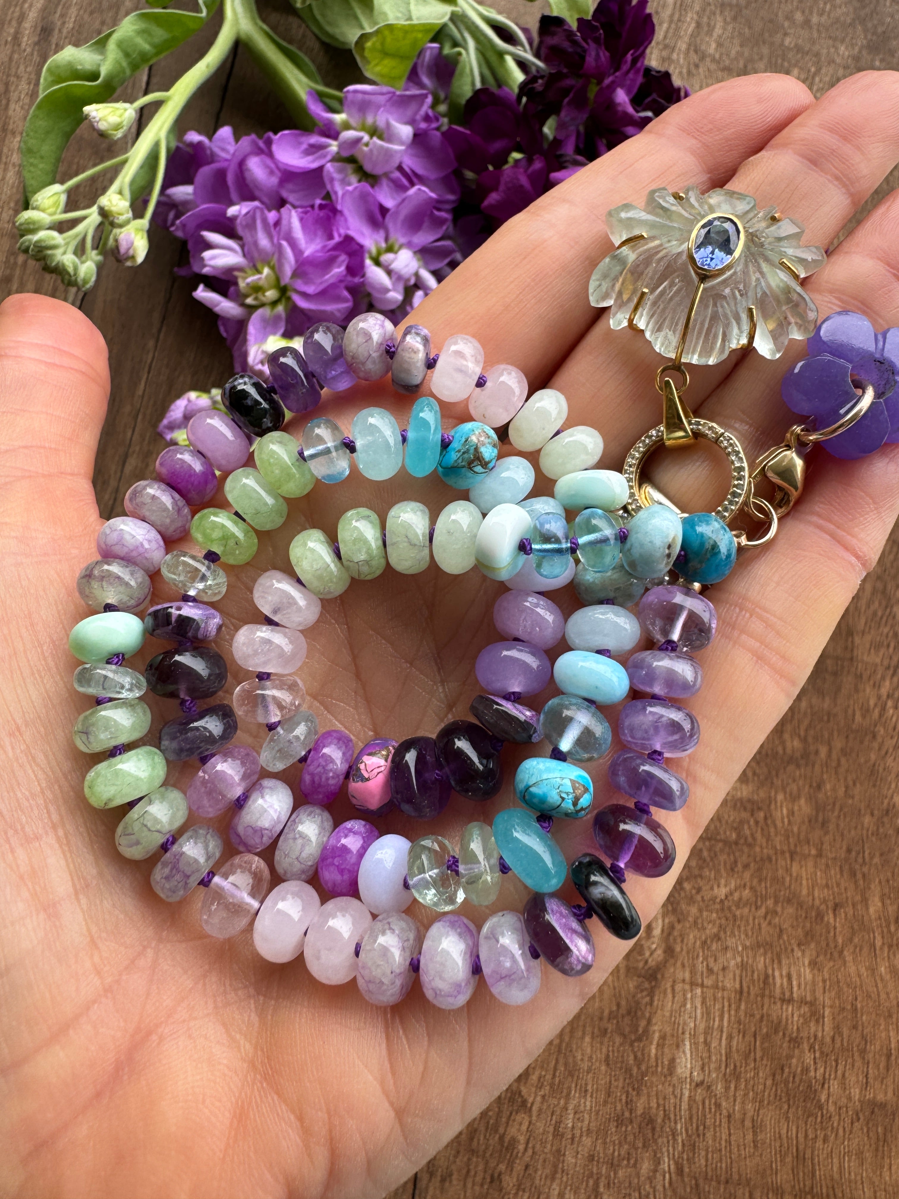 Lilac water lily gemstone necklace