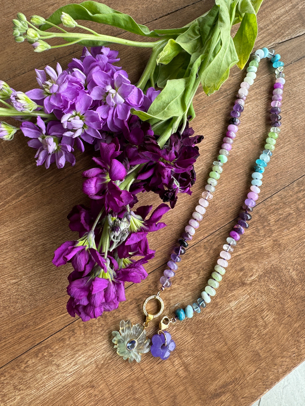 Lilac water lily gemstone necklace