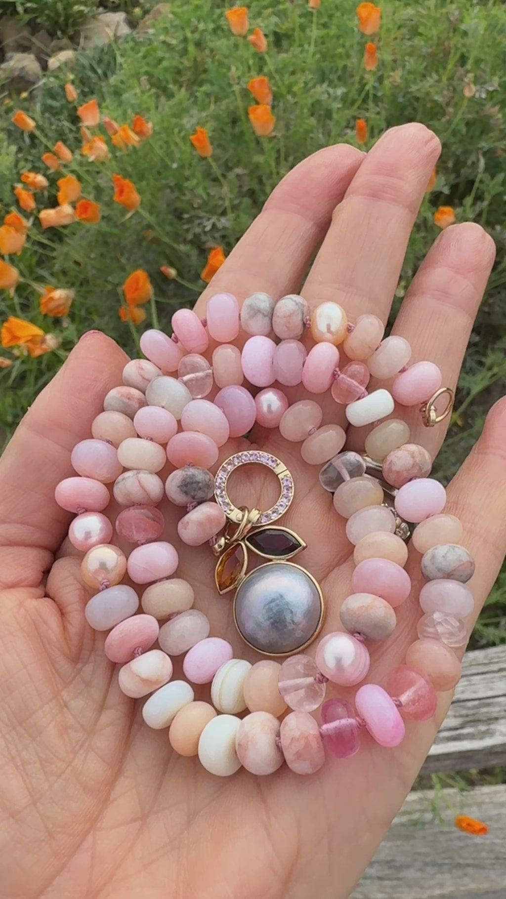 Peach poppy gemstone necklace