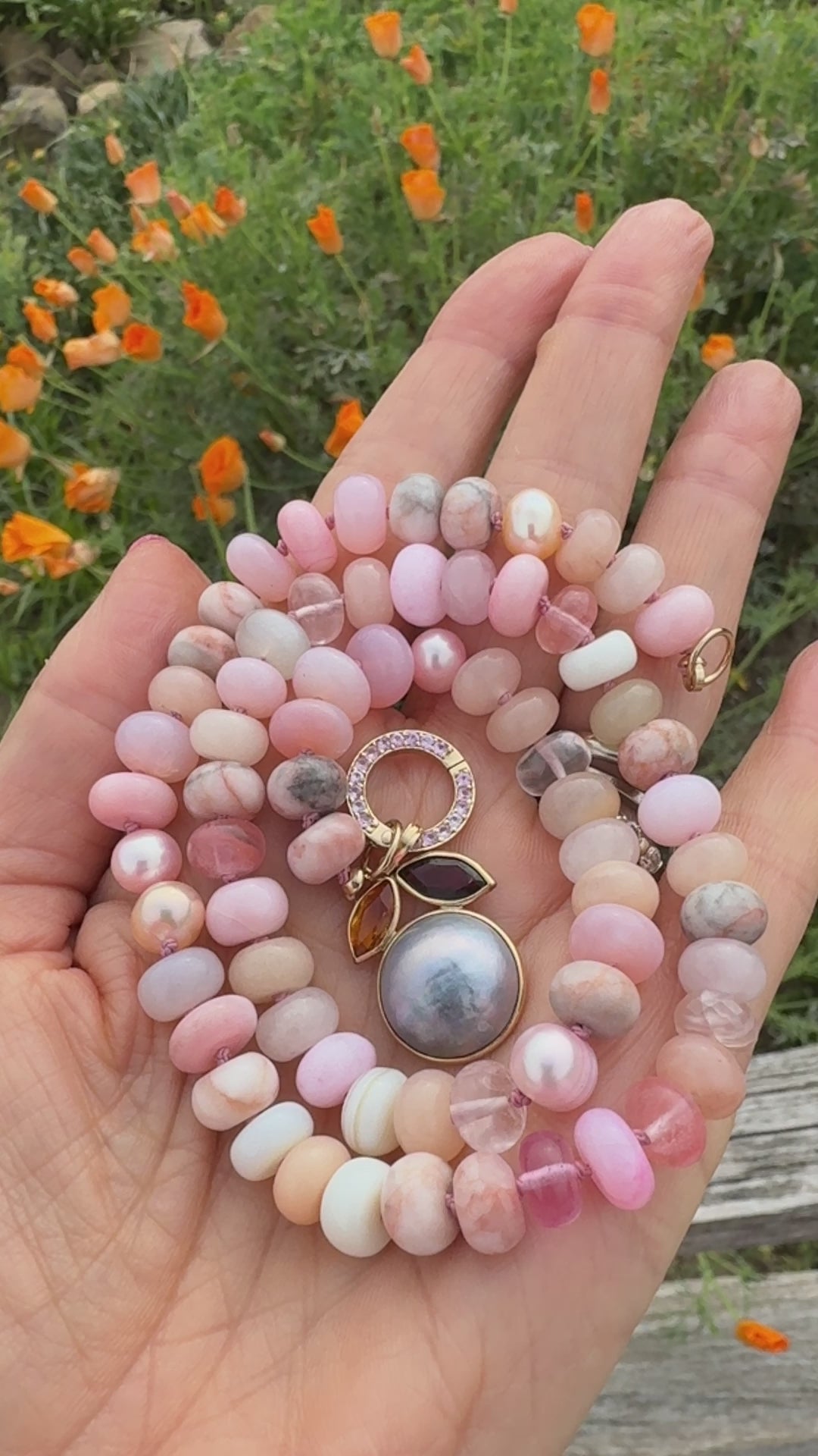 Peach poppy gemstone necklace