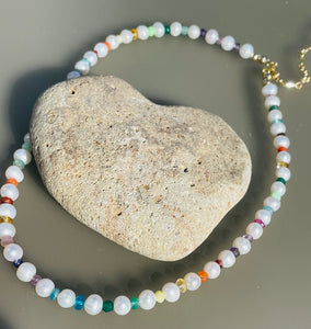 Rainbow gemstone pearl necklace