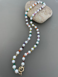 Rainbow gemstone knotted pearl necklace